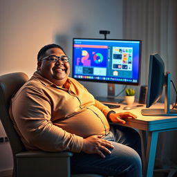 A vivid image of an obese person sitting comfortably at a desk in front of a computer, displaying a look of pleasure on their face