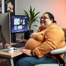 A vivid image of an obese person sitting comfortably at a desk in front of a computer, displaying a look of pleasure on their face