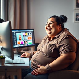 A vivid image of an obese person sitting comfortably at a desk in front of a computer, displaying a look of pleasure on their face