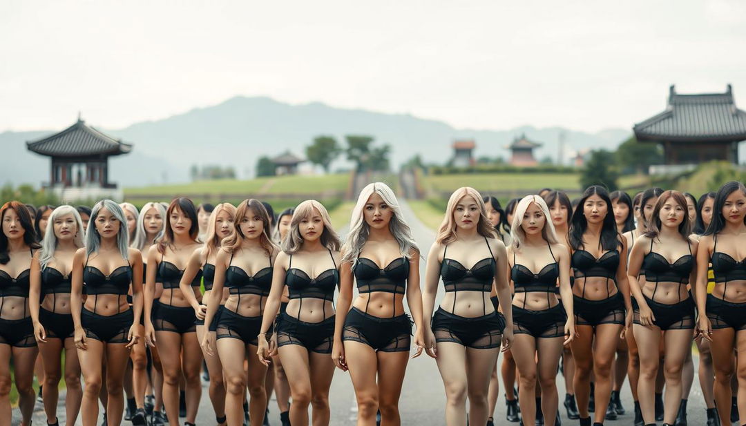 A large group of women with light skin tones and typical Asian hair color, predominantly from Asian countries with a Korean style, very white, standing closely together in rows