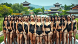 A large group of women with light skin tones and typical Asian hair color, predominantly from Asian countries with a Korean style, very white, standing closely together in rows