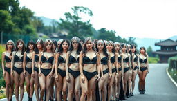 A large group of women with light skin tones and typical Asian hair color, predominantly from Asian countries with a Korean style, very white, standing closely together in rows