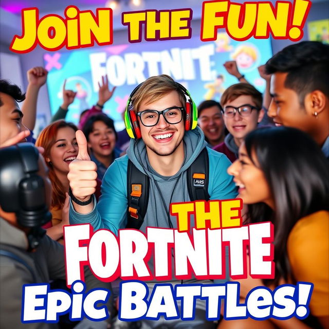 A vibrant thumbnail featuring a charismatic gamer interacting with enthusiastic followers while playing Fortnite