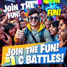 A vibrant thumbnail featuring a charismatic gamer interacting with enthusiastic followers while playing Fortnite