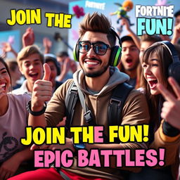 A vibrant thumbnail featuring a charismatic gamer interacting with enthusiastic followers while playing Fortnite