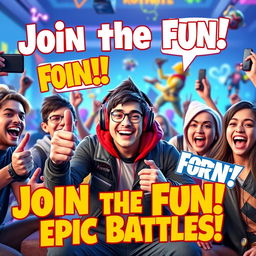 A vibrant thumbnail featuring a charismatic gamer interacting with enthusiastic followers while playing Fortnite