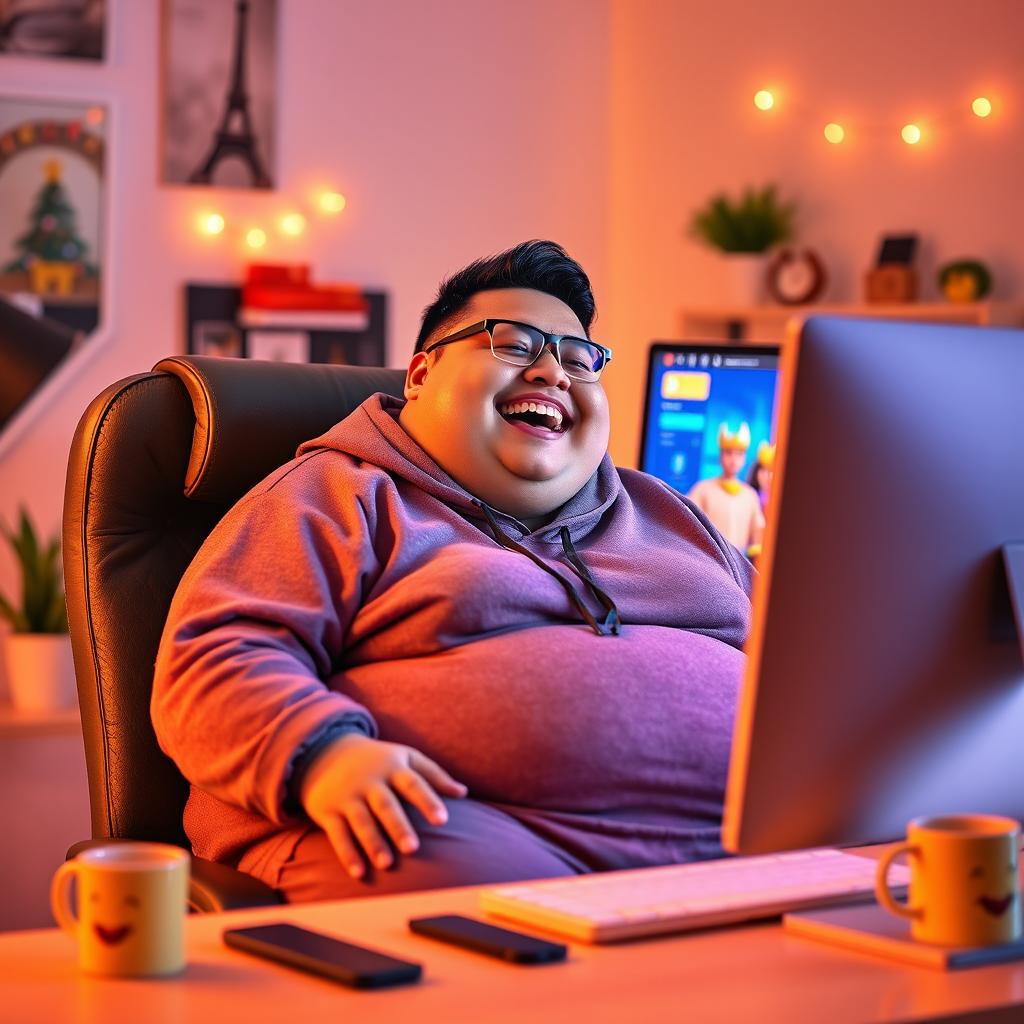 A vibrant scene of an obese person sitting comfortably at a desk in front of a computer, displaying a look of pure pleasure and joy on their face