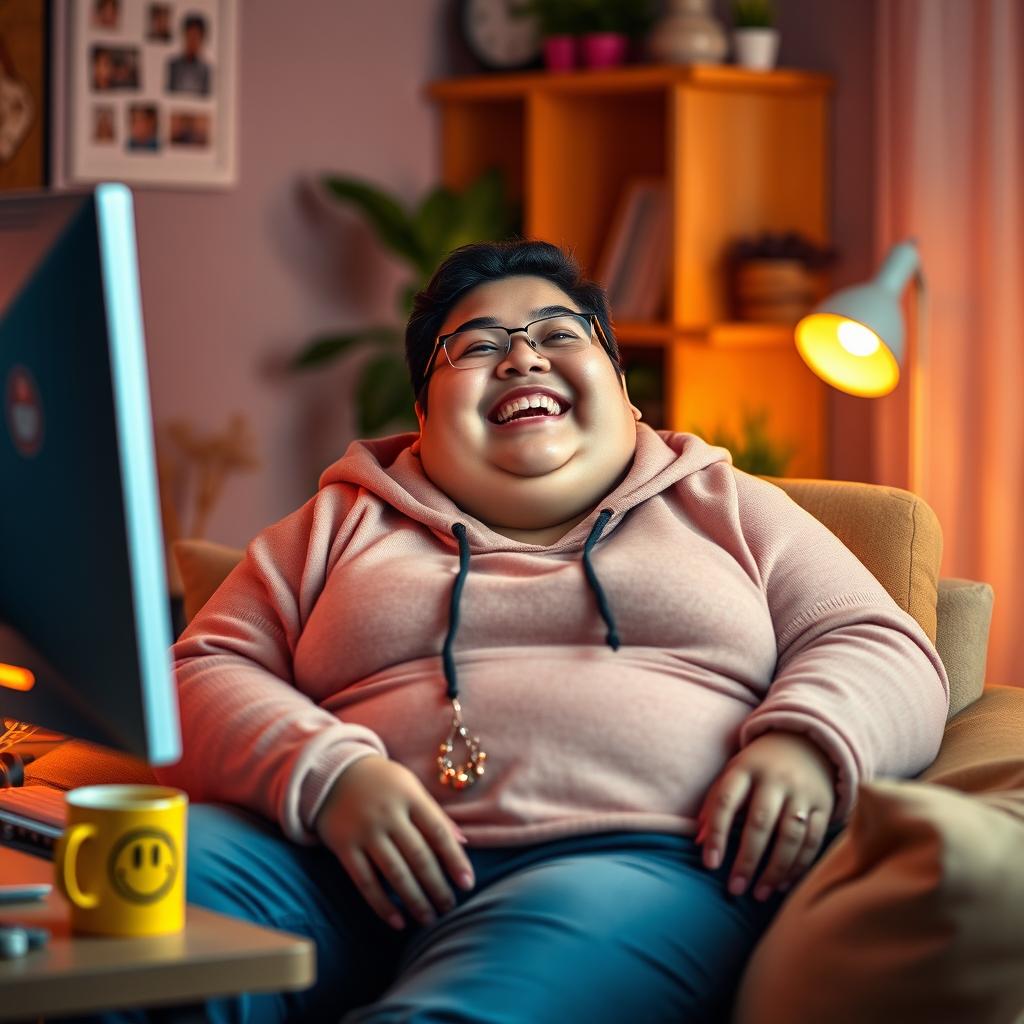 A vibrant scene of an obese person sitting comfortably at a desk in front of a computer, displaying a look of pure pleasure and joy on their face