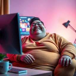 A vibrant scene of an obese person sitting comfortably at a desk in front of a computer, displaying a look of pure pleasure and joy on their face