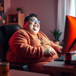 A vibrant scene of an obese person sitting comfortably at a desk in front of a computer, displaying a look of pure pleasure and joy on their face