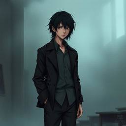 A character design of a teacher inspired by the eerie aesthetic of Silent Hill