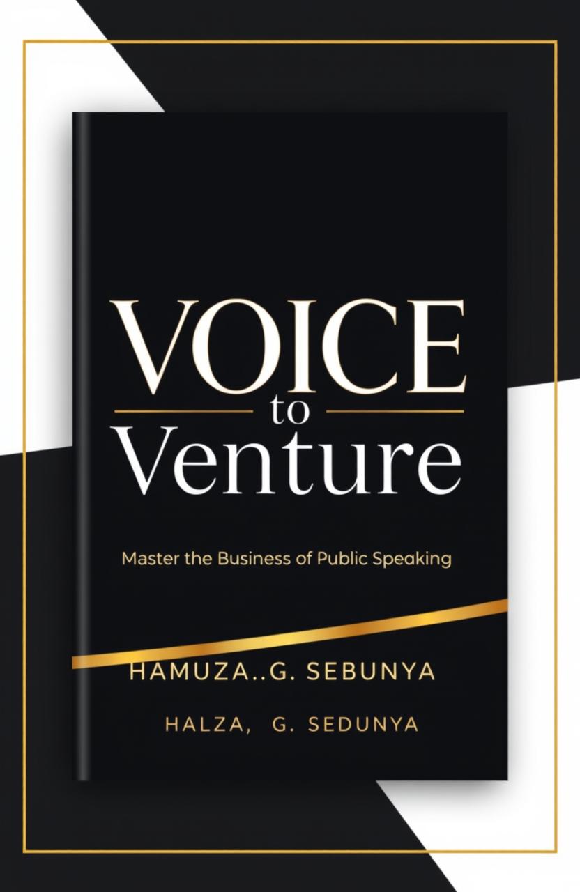 Minimalist and modern book cover for 'Voice to Venture: Mastering the Business of Public Speaking' by HAMUZA 