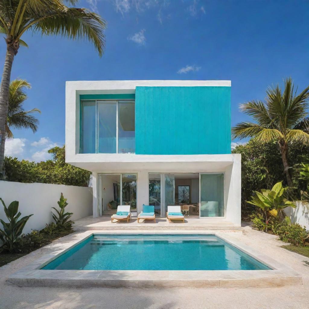 A small modern beach house with a compact front pool, featuring Cancun-inspired vibes, with bright tropical colors, airy spaces and views of the turquoise Caribbean Sea.