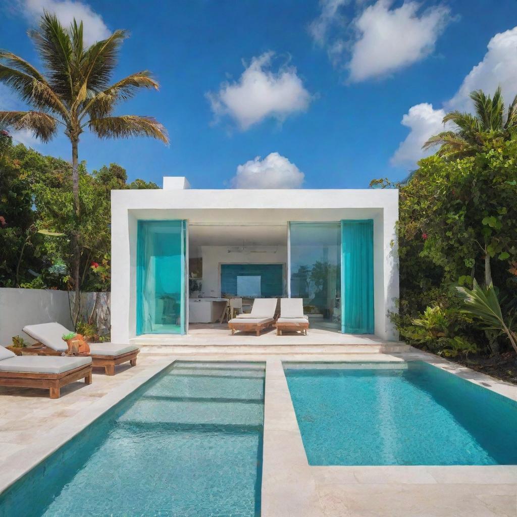 A small modern beach house with a compact front pool, featuring Cancun-inspired vibes, with bright tropical colors, airy spaces and views of the turquoise Caribbean Sea.