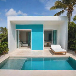 A small modern beach house with a compact front pool, featuring Cancun-inspired vibes, with bright tropical colors, airy spaces and views of the turquoise Caribbean Sea.