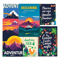 A collection of vibrant and artistic posters featuring various themes such as adventure, nature, and famous quotes