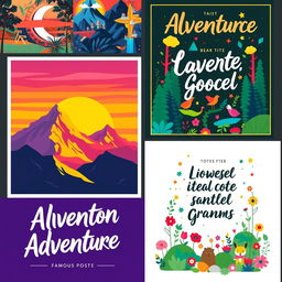 A collection of vibrant and artistic posters featuring various themes such as adventure, nature, and famous quotes