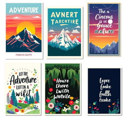 A collection of vibrant and artistic posters featuring various themes such as adventure, nature, and famous quotes