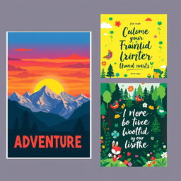 A collection of vibrant and artistic posters featuring various themes such as adventure, nature, and famous quotes