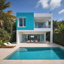 A small modern beach house with a compact front pool, featuring Cancun-inspired vibes, with bright tropical colors, airy spaces and views of the turquoise Caribbean Sea.