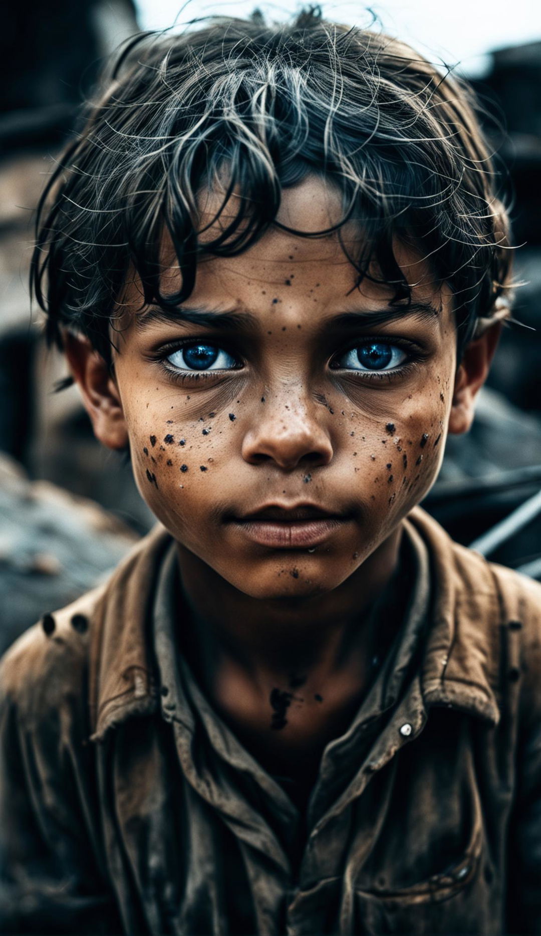 16k resolution photograph of a child with symmetrical features and blue irises in a war-torn landscape, taken in low light with sharp focus on their face.