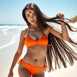 A beautiful, fair-skinned Russian girl at the beach wearing an orange bikini, featuring a striking red bindi dot on her forehead