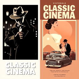 A set of classic cinema-themed posters that capture the essence of vintage filmmaking