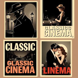 A set of classic cinema-themed posters that capture the essence of vintage filmmaking