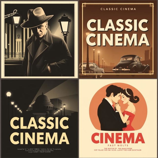 A set of classic cinema-themed posters that capture the essence of vintage filmmaking