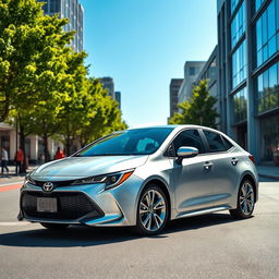 A sleek and modern Toyota Corolla parked on a vibrant city street under a clear blue sky