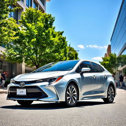 A sleek and modern Toyota Corolla parked on a vibrant city street under a clear blue sky