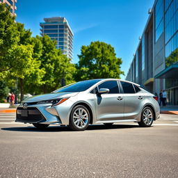 A sleek and modern Toyota Corolla parked on a vibrant city street under a clear blue sky