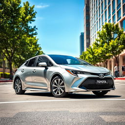 A sleek and modern Toyota Corolla parked on a vibrant city street under a clear blue sky