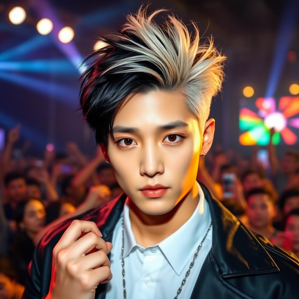 A strikingly handsome male K-pop idol with a unique hairstyle featuring both black and blonde colors