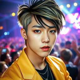 A strikingly handsome male K-pop idol with a unique hairstyle featuring both black and blonde colors