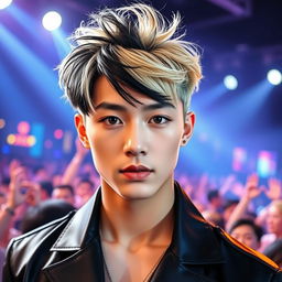 A strikingly handsome male K-pop idol with a unique hairstyle featuring both black and blonde colors