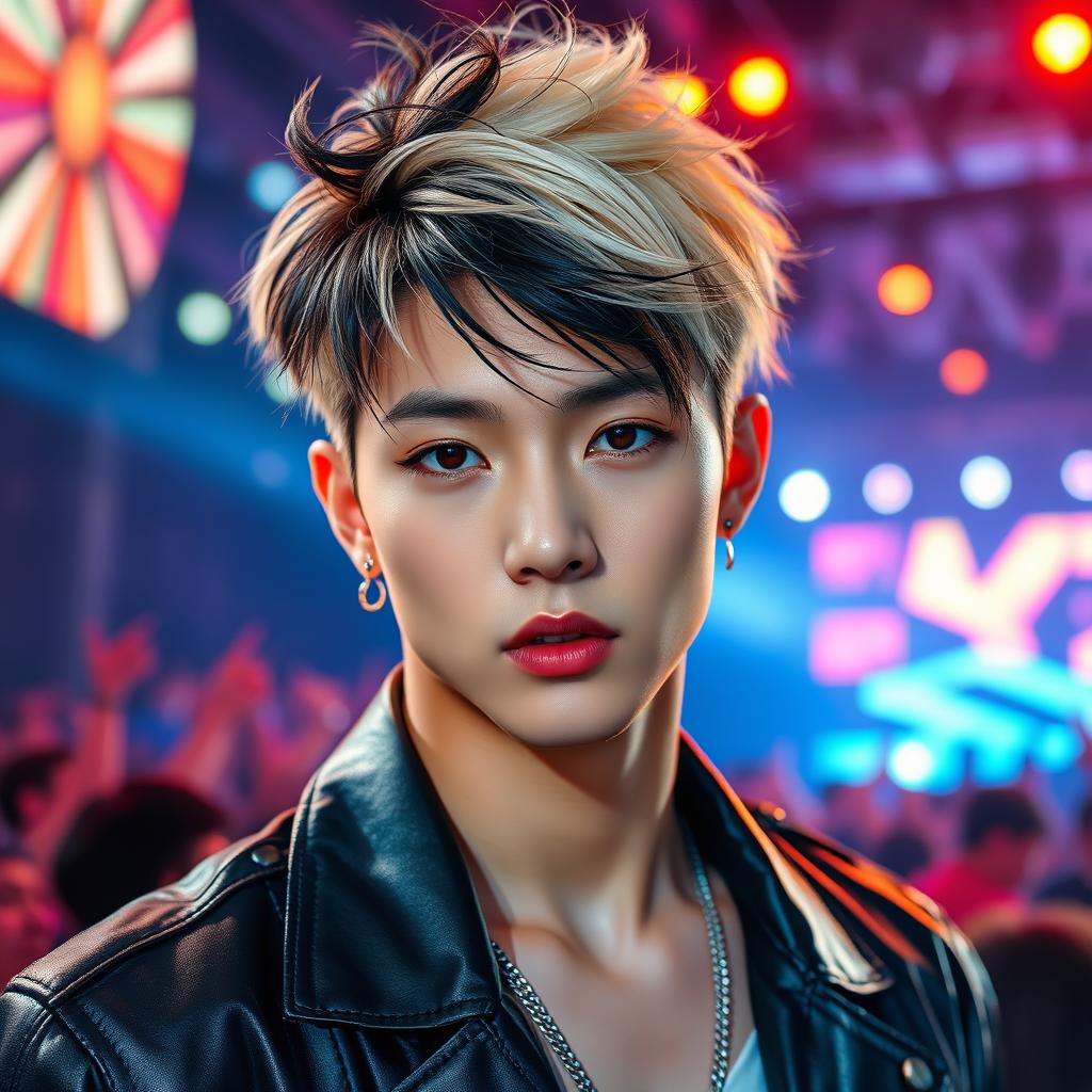 A strikingly handsome male K-pop idol with a unique hairstyle featuring both black and blonde colors