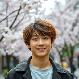 A young Japanese male in his 20s with fluffy brown hair that has a playful, tousled appearance