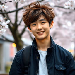 A young Japanese male in his 20s with fluffy brown hair that has a playful, tousled appearance