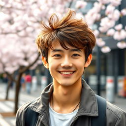 A young Japanese male in his 20s with fluffy brown hair that has a playful, tousled appearance