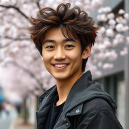 A young Japanese male in his 20s with fluffy brown hair that has a playful, tousled appearance