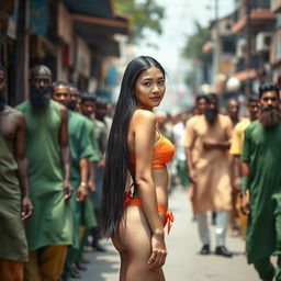 A beautiful, fair-skinned Russian girl standing straight in the foreground of a bustling street scene, wearing a vibrant orange bikini and adorned with a red bindi dot on her forehead