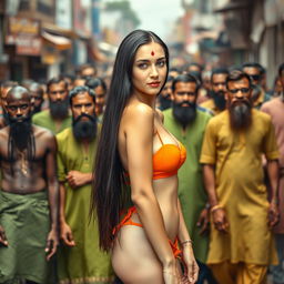 A beautiful, fair-skinned Russian girl standing straight in the foreground of a bustling street scene, wearing a vibrant orange bikini and adorned with a red bindi dot on her forehead