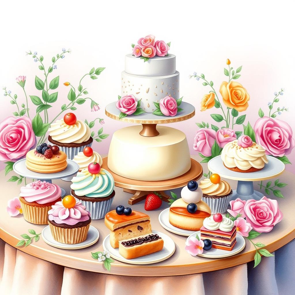 A beautifully arranged display of delicious desserts featuring colorful cupcakes, pastries, and a decorative cake on an elegant table