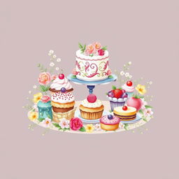 A beautifully arranged display of delicious desserts featuring colorful cupcakes, pastries, and a decorative cake on an elegant table