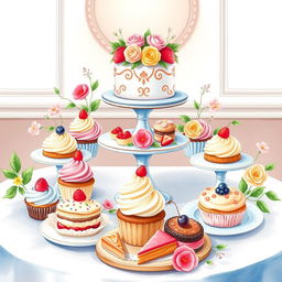 A beautifully arranged display of delicious desserts featuring colorful cupcakes, pastries, and a decorative cake on an elegant table