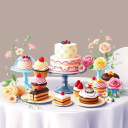 A beautifully arranged display of delicious desserts featuring colorful cupcakes, pastries, and a decorative cake on an elegant table