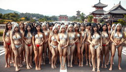 A large group of women with light skin tones and typical Asian hair color, predominantly from Asian countries with a Korean style, very white, standing closely together in rows