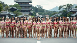 A large group of women with light skin tones and typical Asian hair color, predominantly from Asian countries with a Korean style, very white, standing closely together in rows