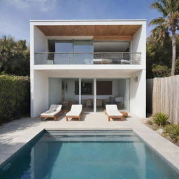 A small modern beach house with a compact pool in the front, designed with a coastal chic vibe that showcases relaxed beach living.